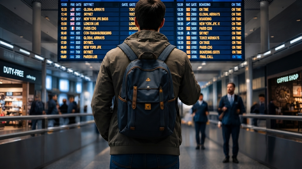 Traveler standing in an airport terminal
